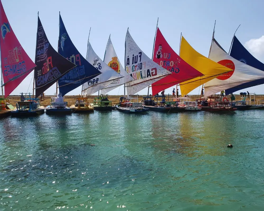 O que fazer em Porto de Galinhas. Jangadas alinhadas no mar no passeio das piscinas naturais do centro