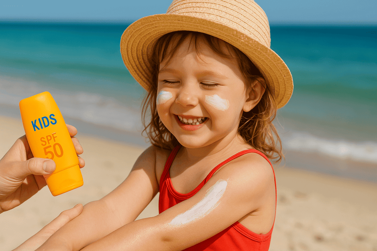 melhor protetor solar infantil, criança passando protetor na praia